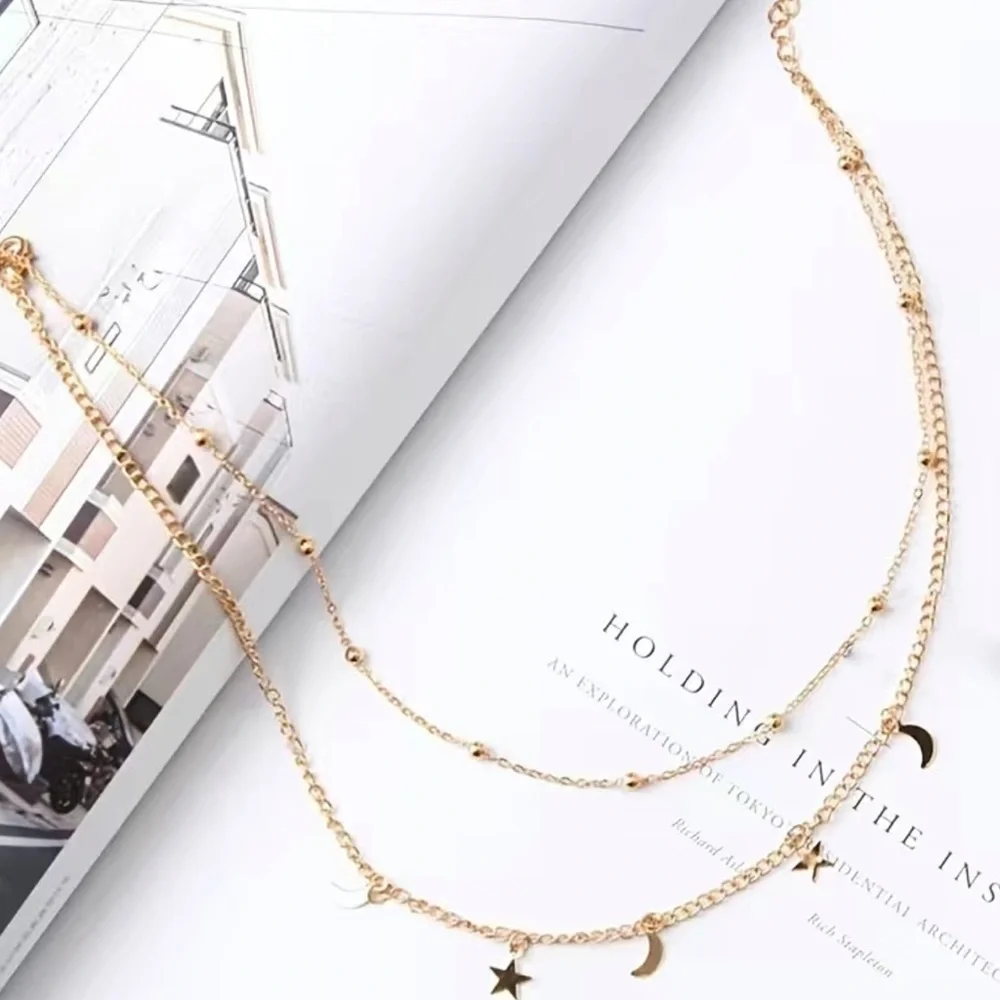 BRAND NEW 18K Gold Plated Moon Star Collarbone Chain Necklace - Picture 3 of 4